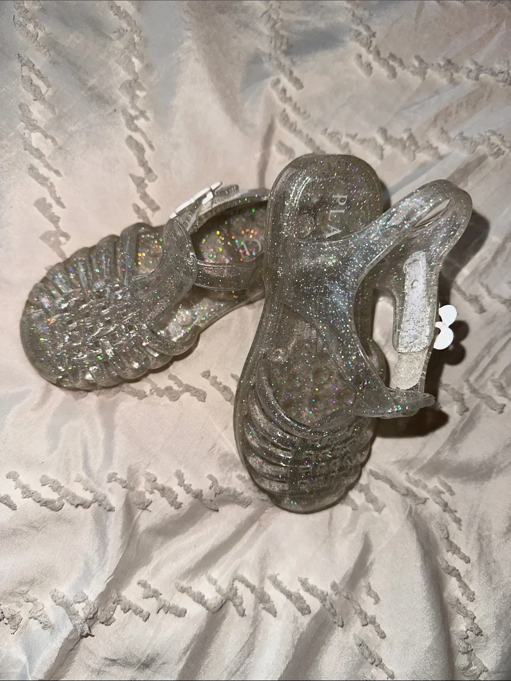 The Children's Place Silver Glitter Jelly Sandals with White Flower Accent